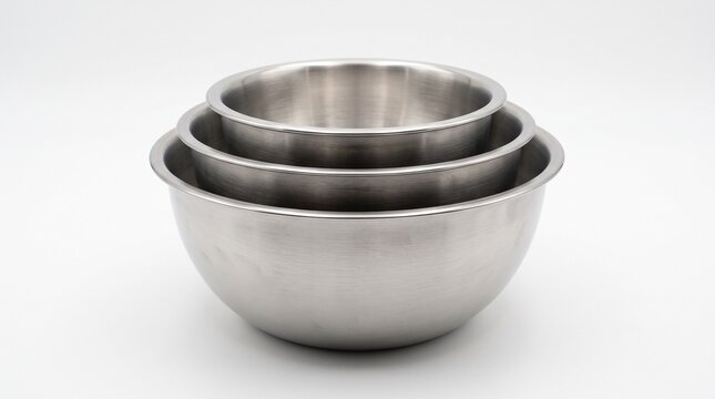Set of three graduated stainless steel mixing bowls stacked neatly for kitchen use PNG Isolated on transparent background