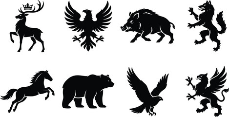 Obraz premium Black Animal Silhouette Collection with Heraldic Deer Eagle Bear Wolf Horse and Fantasy Creatures