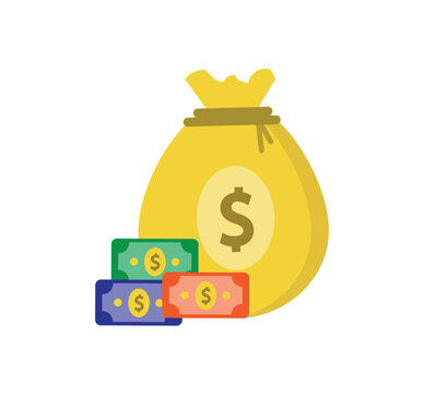 Dollar money bag with colorful cash notes vector illustration