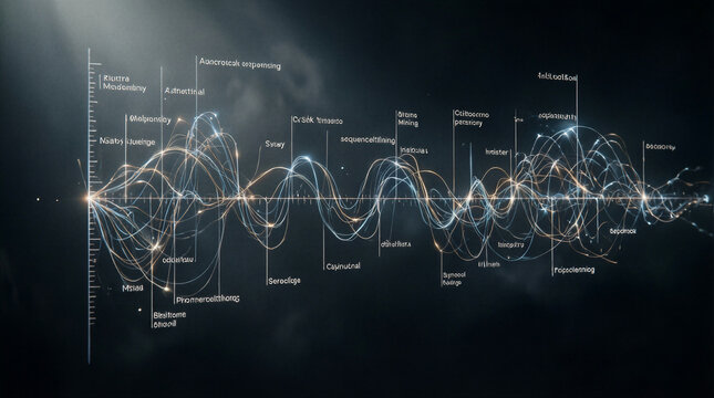Abstract timeline visualization displaying complex data events plotted across a glowing temporal axis in a dark void