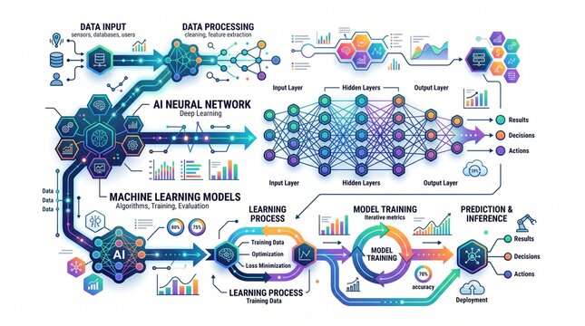 Complex Artificial Intelligence Neural Network Architecture Displaying Data Processing Flow With Machine Learning Models Training And Predictive Inference Analytics For Software Development