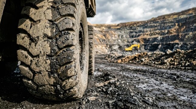 Massive haul truck tire caked in mud beside layered coal pit walls and a distant excavator at an open cast mine