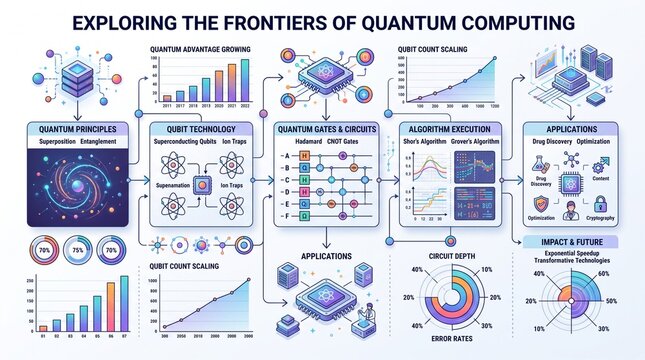 Clean modern business infographic elements, graphic flowcharts, geometric layout, colorful data visualization of futuristic quantum computing circuits, isolated white background