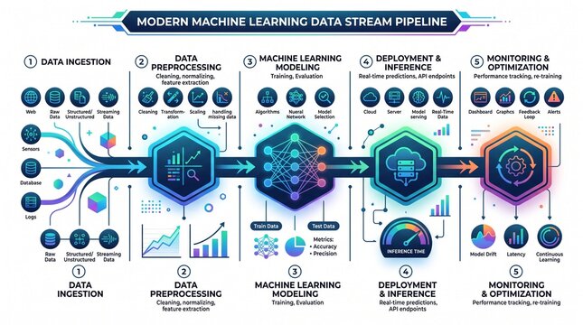 Clean modern business infographic elements, graphic flowcharts, geometric layout, colorful data visualization of machine learning data streams, isolated white background