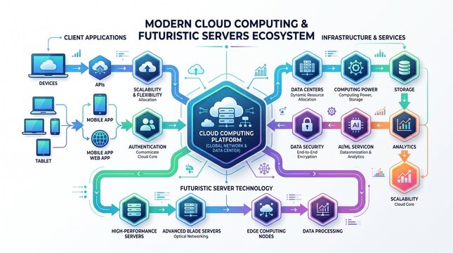 Clean modern business infographic elements, graphic flowcharts, geometric layout, colorful data visualization of cloud computing and futuristic servers, isolated pure white background
