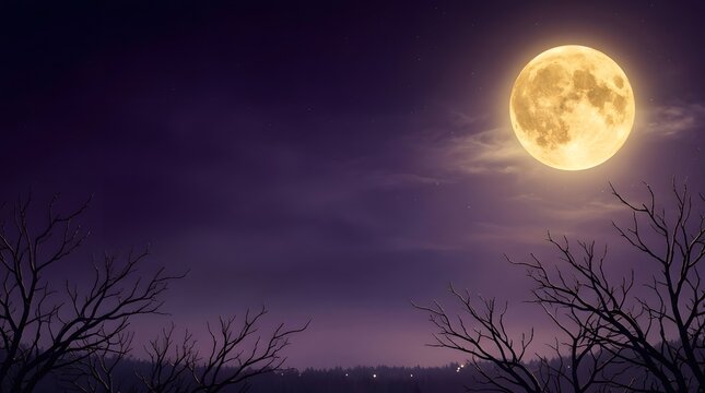A spooky halloween night scene featuring a large bright full moon shining through dark silhouetted branches creating an eerie and