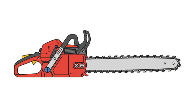 Red chainsaw vector illustration showing detailed mechanical parts, chain guide, and handle on white background.