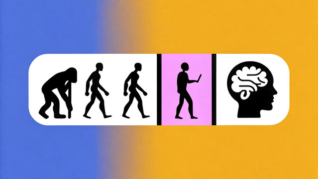 Minimalist graphic illustrating human evolution stages transitioning to cognitive development with brain icon