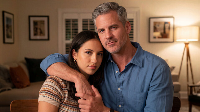 Serious age gap couple embracing in a cozy living room, older man and younger woman sitting together at home.