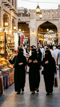 Women in abayas walking at traditional Dubai souk market