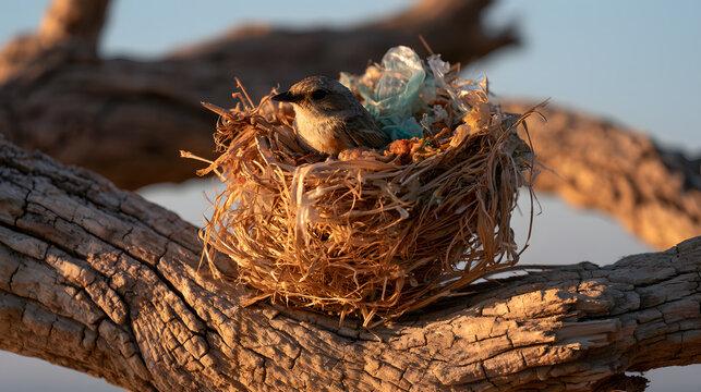Bird Nest with Young Bird Surrounded by Natural Elements and Trash