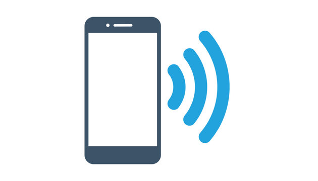 Modern smartphone icon with blue signal waves radiating outward signifies active communication and network signal.