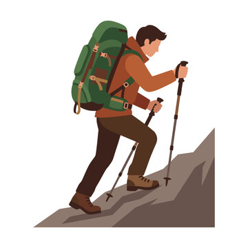 Male hiker with large backpack trekking up a steep mountain slope using trekking poles in a modern flat vector illustration style
