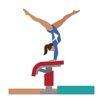 Female gymnast performing a handstand on a vaulting table in a modern flat vector illustration style