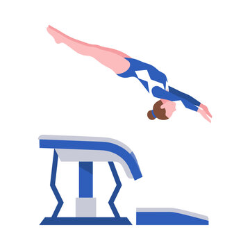 Female gymnast performing a vault jump over a vaulting horse in a modern flat vector illustration style