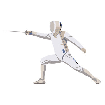 Professional fencer in white protective gear performing a lunge attack with a foil sword in a modern flat vector illustration style