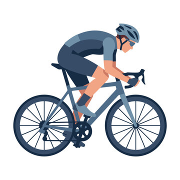Cyclist riding a dark blue road bicycle in a fast action racing posture in a modern flat vector illustration style