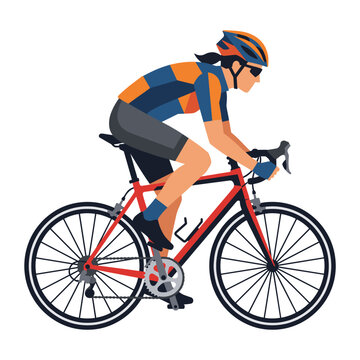 Female cyclist riding a red road bicycle wearing a helmet and racing jersey in a modern flat vector illustration style