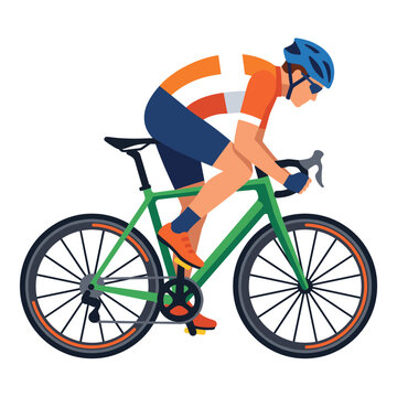 Cyclist pedaling a green road bicycle fast in a modern flat vector illustration style