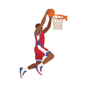 Basketball player in action making a powerful slam dunk into the hoop in a modern flat vector illustration style