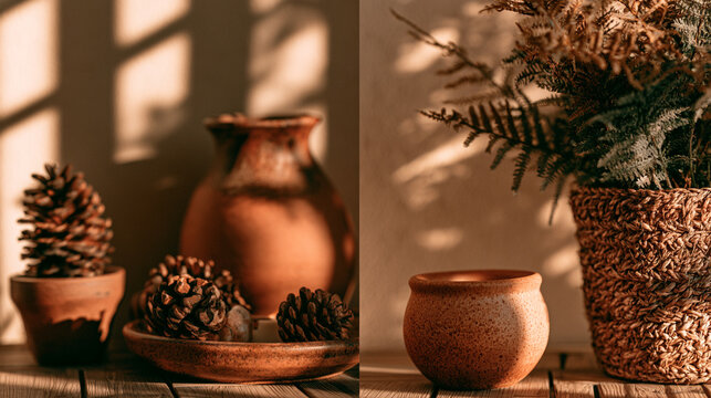 Earthy terracotta still life diptych with pine cones, ceramic vase and fern