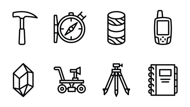 Geological Exploration Tools: A set of clean, minimalist line icons representing tools for geological study and exploration, including a rock hammer, compass, rock core sample, GPS device, crystal.