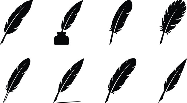Set of black vector silhouettes of quill pens, ink wells, and writing feathers