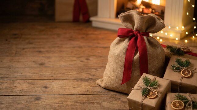 Burlap sack tied with red ribbon sits on wooden planks near wrapped gifts.