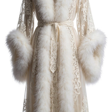 Luxurious ivory lace peignoir set with robe and gown featuring marabou trim isolated on transparent background
