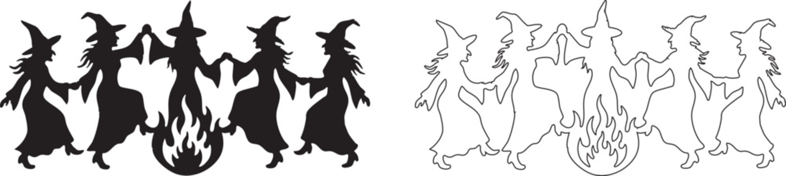 Silhouette of witches dancing around a bonfire vector illustration set