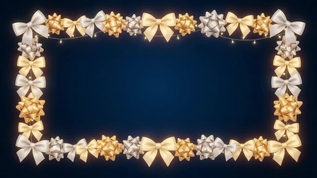 Elegant golden and silver bows frame on a dark blue background, perfect for festive holiday designs and invitations.