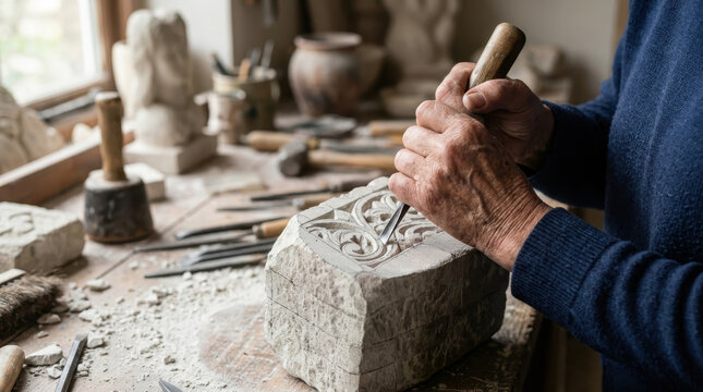 Stone Carving Masterpiece: An artisan's hands meticulously carve intricate details into a stone sculpture, surrounded by chisels and tools in a workshop setting.
