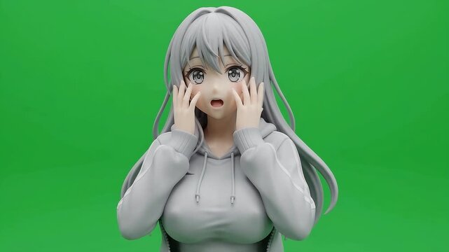 Cute Kawaii Anime Girl Surprised Expression Close-Up 3D Character Loop - 4K Green Screen Chroma Key