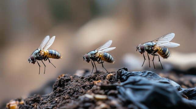 A group of flies is seen hovering over dark soil filled with organic matter in a natural outdoor environment. The scene highlights the insects' activity in their habitat.