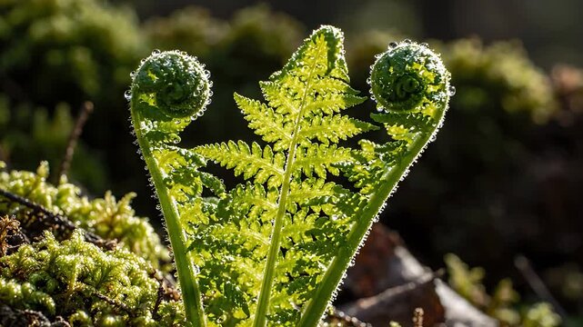 Fern Fiddleheads Unfurling Slowly in a Looping Animation. Nature Time-Lapse Footage of Vibrant Green Plant Growth.