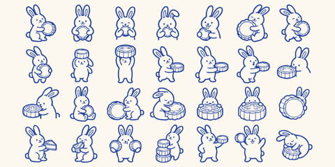 Obraz premium Cute hand drawn doodle bunnies holding carrots and barrels in a simple pattern on cream background