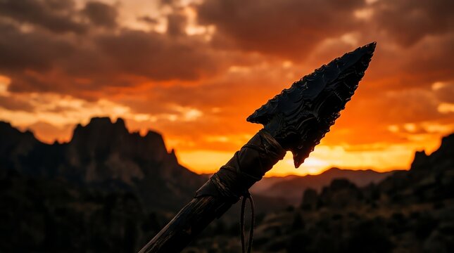Handmade obsidian arrowhead attached to a wooden spear shaft held against a dramatic vibrant orange mountain sunset background close up