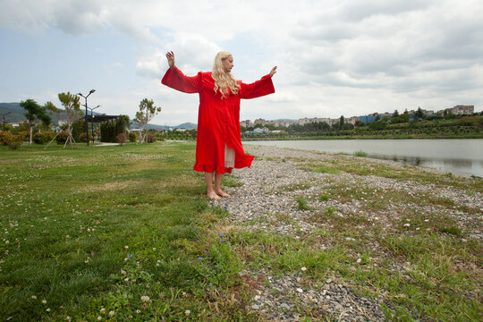 Walking in red dress