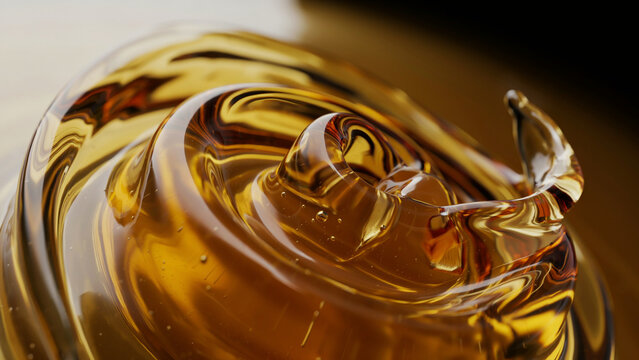 Luxurious golden amber liquid swirling in elegant spiral motion