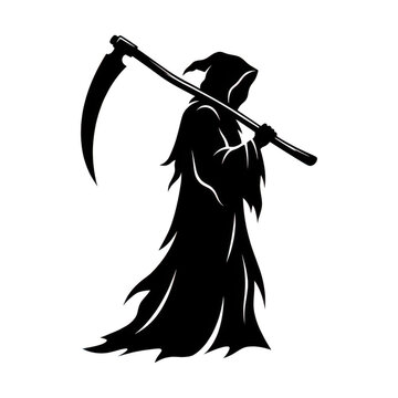 Black silhouette of grim reaper holding large scythe isolated on transparent background