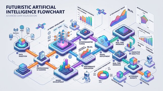 Futuristic artificial intelligence flowchart with vibrant data visualization charts, clean modern business infographic elements, isometric geometric layout, isolated light gray background