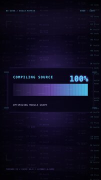 Futuristic digital interface showing software source code compilation with progress bar and percentage counter.