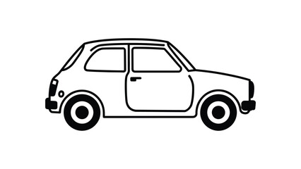 Fototapeta premium Classic compact car side view outline illustration, black and white vintage automobile line art isolated on white background, minimalist transportation icon for automotive design