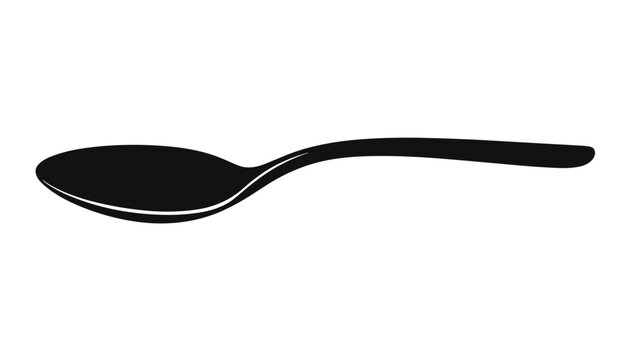 Single black silhouette icon of a classic metallic soup spoon in a horizontal position isolated on a clean white background.
