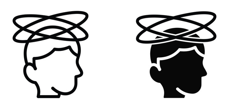 Dizzy, head icon, vertigo symbol, motion sickness graphic, dizziness concept, nausea, confusion, feeling unwell, medical illustration, and two styles.