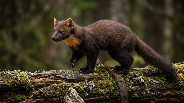 European pine marten walking cautiously along a mossy fallen tree trunk