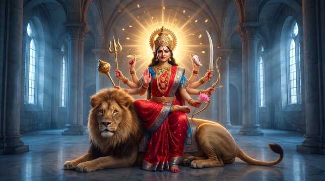 happy navratri Durga Mahashakti The Celestial Slayer of Mahishasura Illuminated in Divine Radiance, Adorned with Astral Weapons and Sacred Ornaments, Standing Victorious Amidst Cosmic Light Bursts