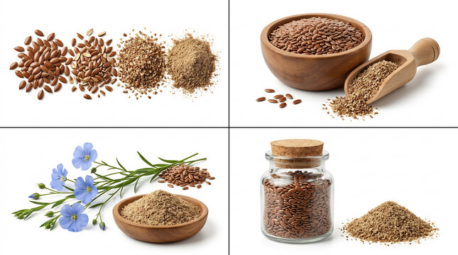 Flax seeds and ground linseed meal collection, organic flaxseed in wooden bowls and glass jar, blue flax flowers with crushed seeds on white background