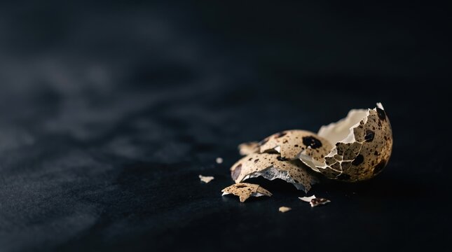 Cracked and broken speckled quail eggshell on dark textured slate background GENERATED AI