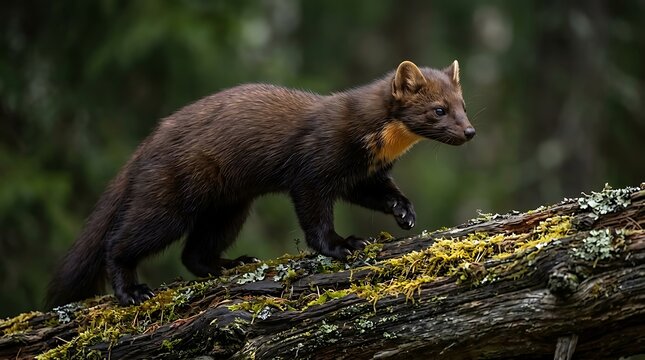 Pine marten walking across a mossy fallen tree trunk in a dark forest